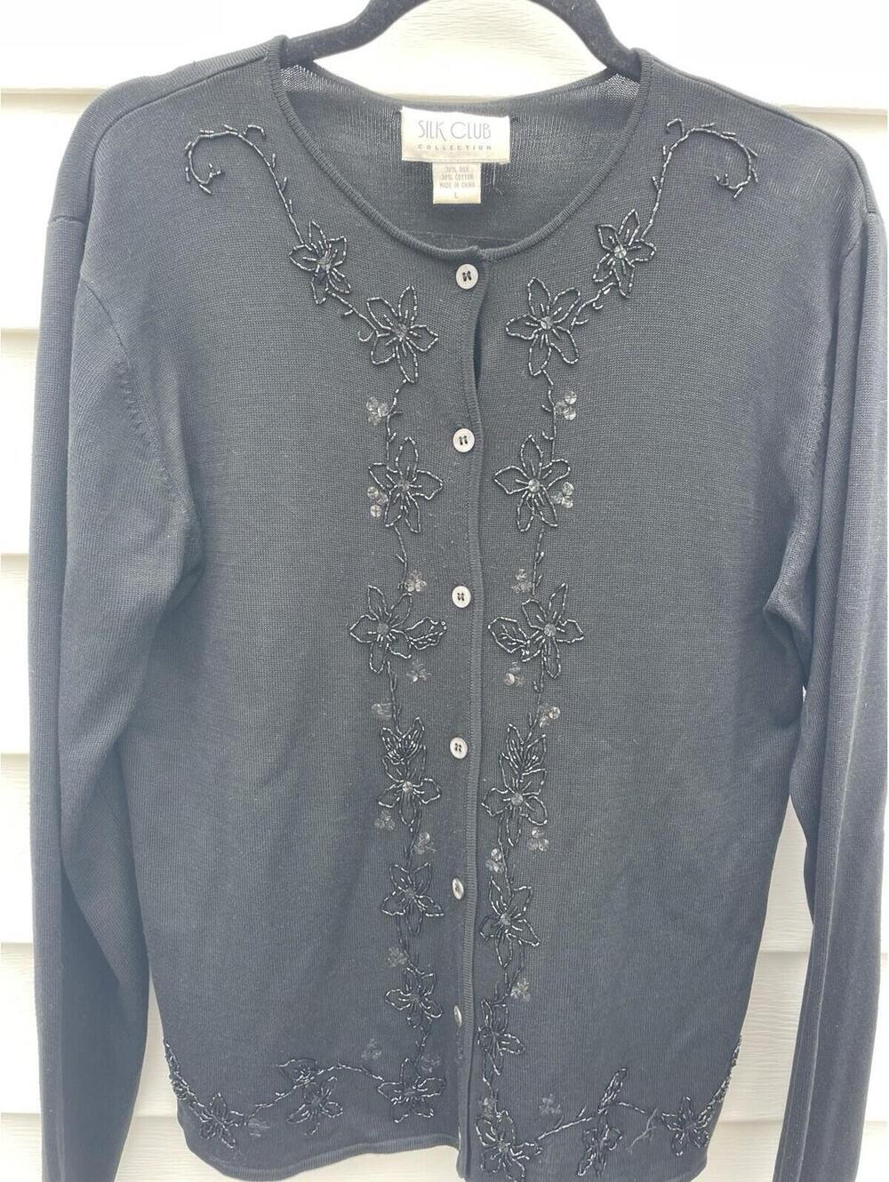 Silk Club Collection Black Sequin Flower Design Cardigan Sweater Sz L, 70% Silk